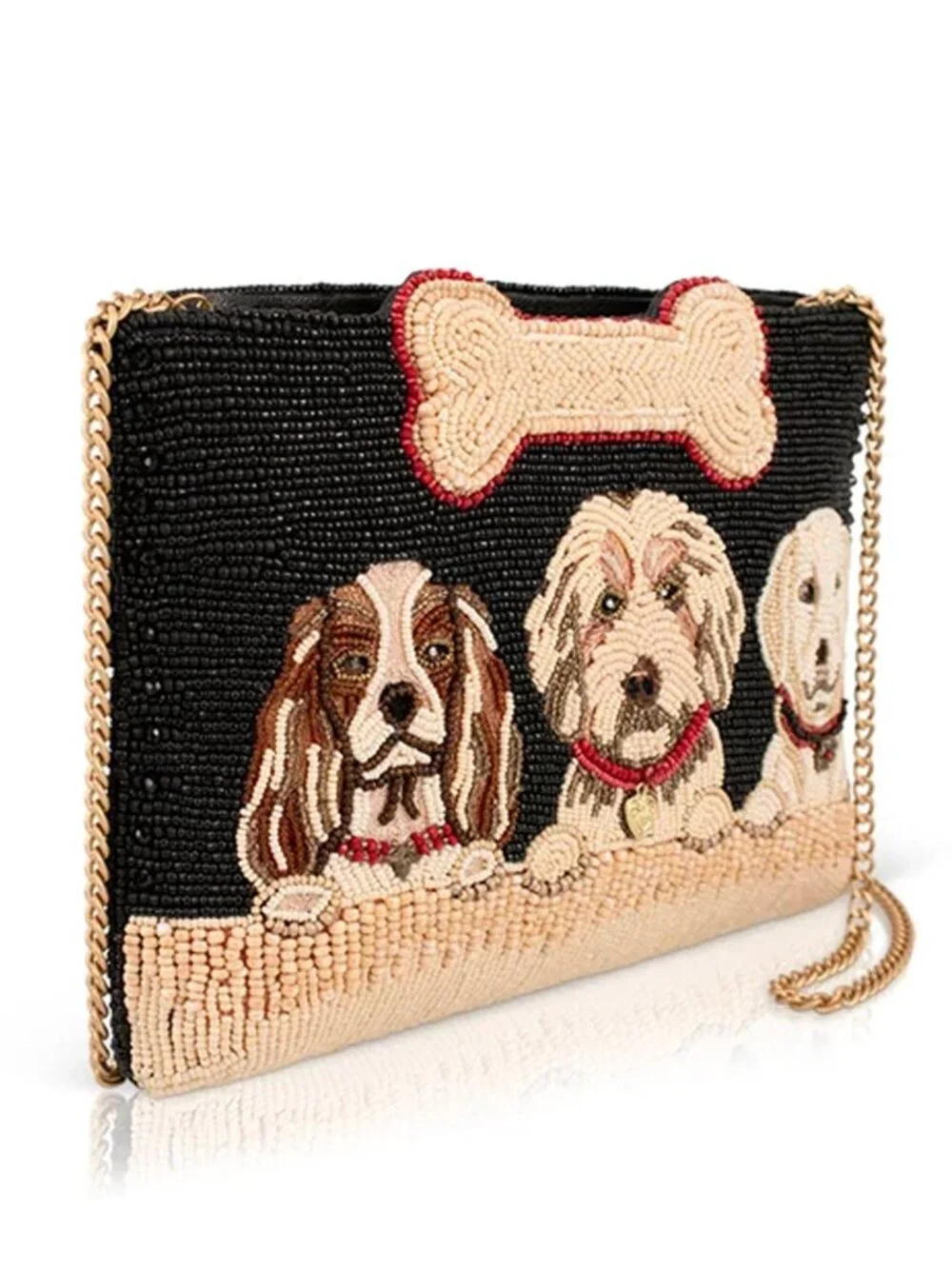 Mary Frances Pawsome Puppy Dog Bone Beaded Handbag Zip Bag Black Cream Purse NEW